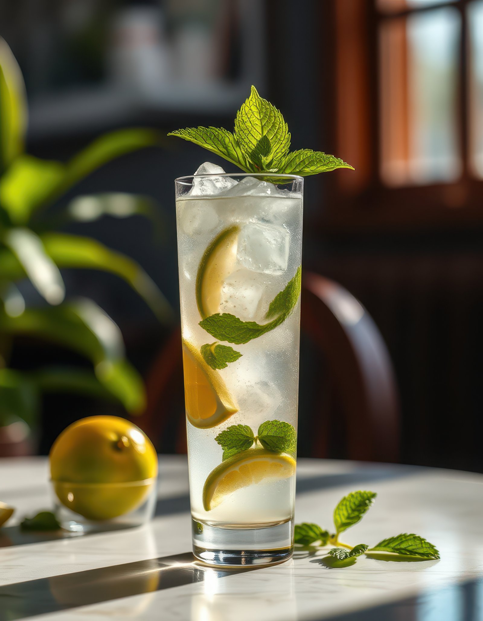 Refreshing mint and lime beverage showcased in a cozy indoor setting during late afternoon